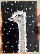 ACEO Original Painting, Bird Ostrich, 2.5 x 3.5, Acrylic Painting, Miniature Art