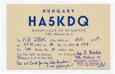 QSL Card HA5KDQ Budapest Hungary Radio Club 1958