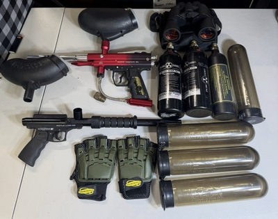 #ad Paintball Bundle – 2 Guns CO2 Tanks Hoppers Binoculars Gear $320.00