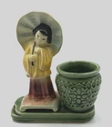 Vintage Shawnee Geisha Girl Asian Planter Green Basket MCM Vase