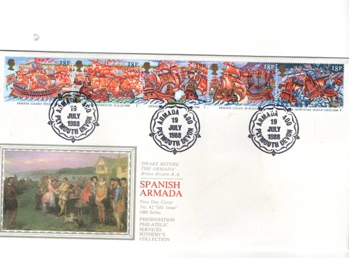 1988 SPANISH ARMADA - PLYMOUTH H/S - PPS SILK FDC FROM COLLECTION E47