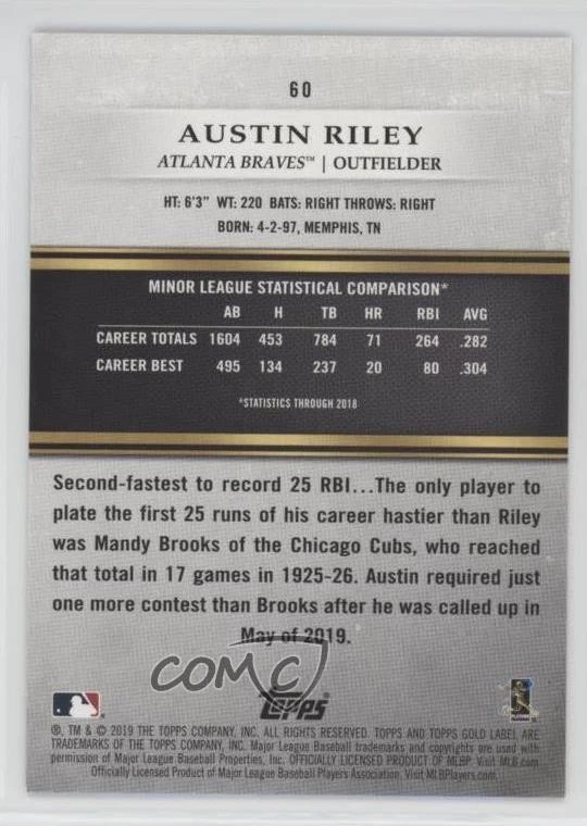 2019 Topps Gold Label Class 2 Blue /99 Austin Riley #60 Rookie RC - Image 2 of 2