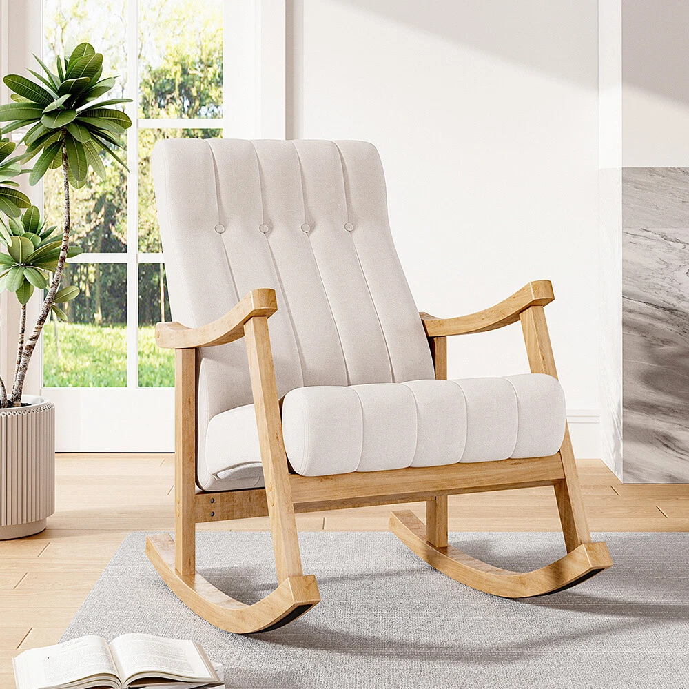 High Back Thick Cushion Upholstered Rocking Chair Armchair Wooden