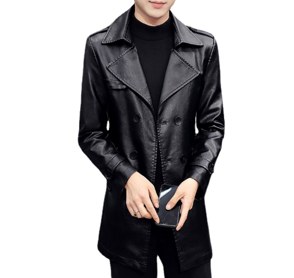 ジャケット・アウター LEATHER COMBINATION DOUBLE LAPELED COAT Men's Youth Fashion Lapel Double Breast Faux Leather Jacket