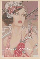 Art Deco Lady with Pink Roses Counted Cross Stitch Chart  No.1-121