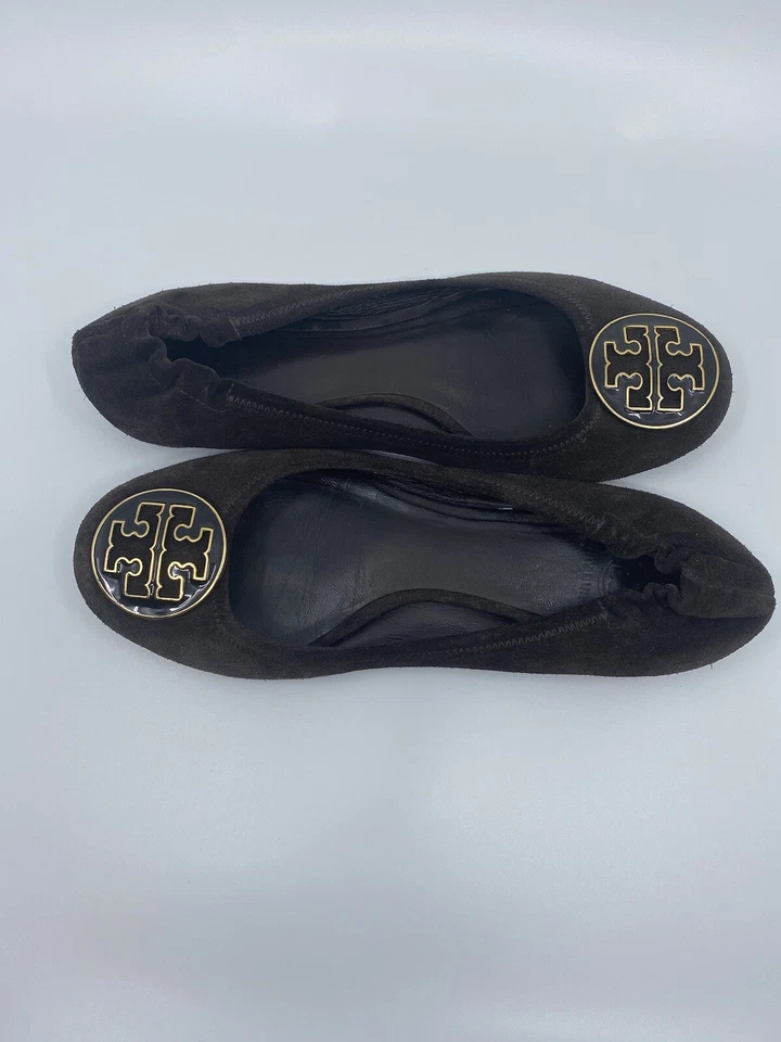 Tory Burch Logo Dorado Marrón Gamuza Reva Pisos Talla US 8 Super Cómodos Caminar Foto 2 de 4