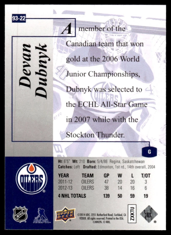 2013-14 SP Authentic 1993-94 Retro Devan Dubnyk Edmonton Oilers #93-22 - Image 2 of 2