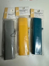 Lot of 3 Silicone Straw Travel Set Yellow Gray Blue