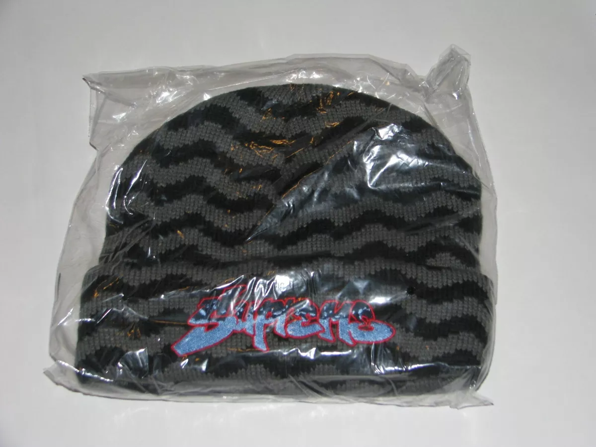 SUPREME New York Zig Zag Stripe Beanie BLACK Winter Hat Cap NEW F