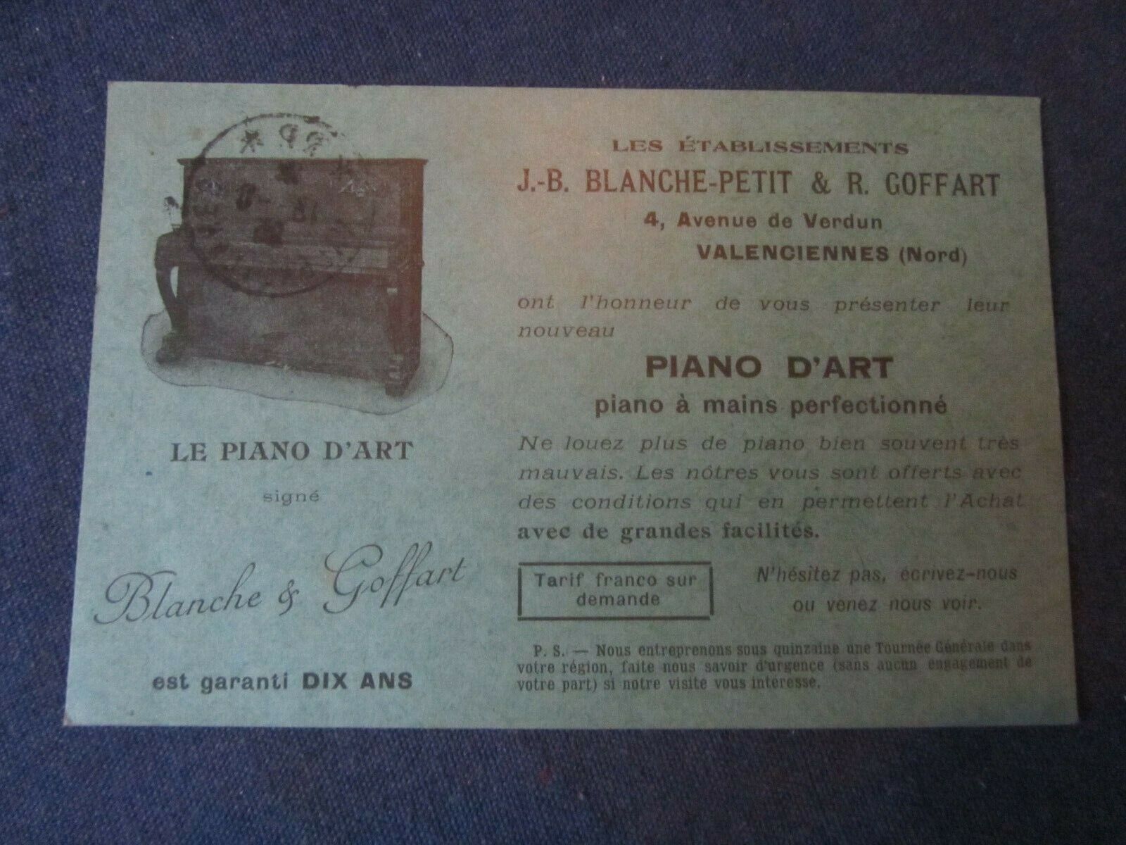 ANCIENNE CARTE BLANCHE PETIT GOFFART PIANO AUTOMATIC VALENCIENNES 1925 URCEL