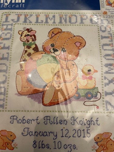 Stamped Cross Stitch bear birth sampler kit SEALED! letters name date - Picture 2 of 4
