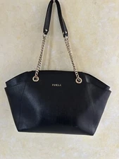 Genuine FURLA black Saffiano leather Tulip  tote bag Purse  Gold Chain EUC