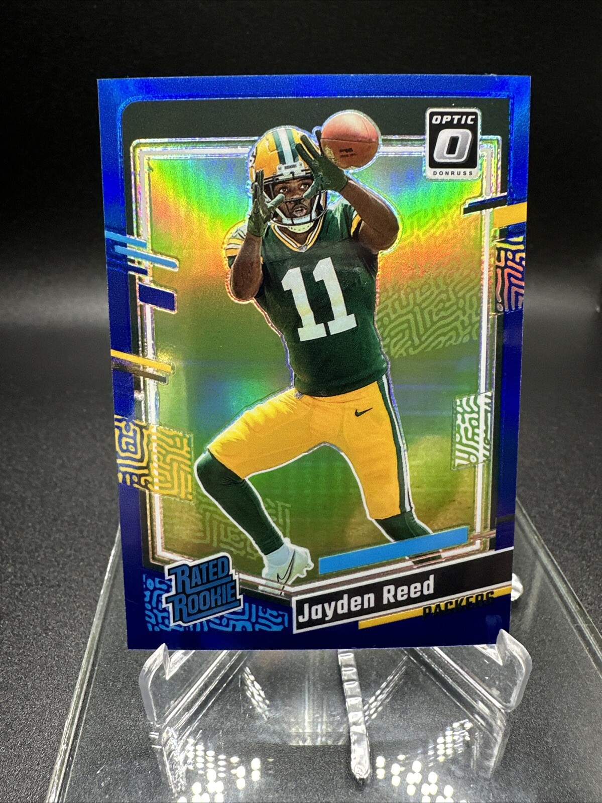 2023 Panini Donruss Optic Jayden Reed #239 Rated Rookie Blue Prizm 108/199 SP RC