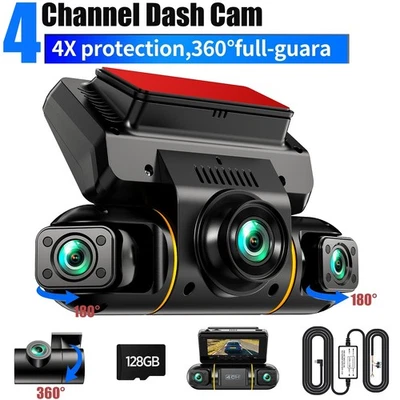 LAMTTO 360° Front Rear Inside DashCam, FHD 1080P Dash Cam 4 Channel Car Camera 128GB UK