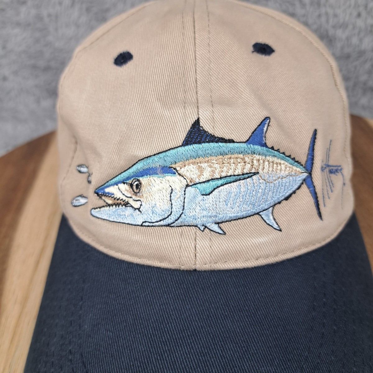 Vintage Guy Harvey Hat Cap Strap Back Beige Blue King Fish Fishing