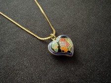 Vintage Enamel Heart Floral Flower Gold Tone Chain Statement Pendant Necklace