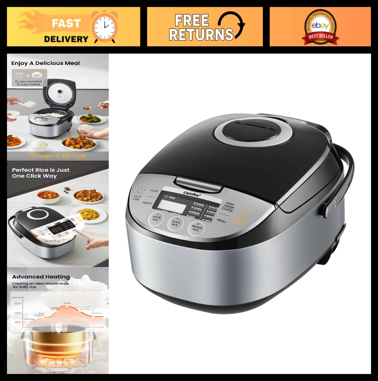 12-Cup Rice Cooker, Portable Non-Stick, Fuzzy Logic, 24-Hour Timer, 11 Presets,
