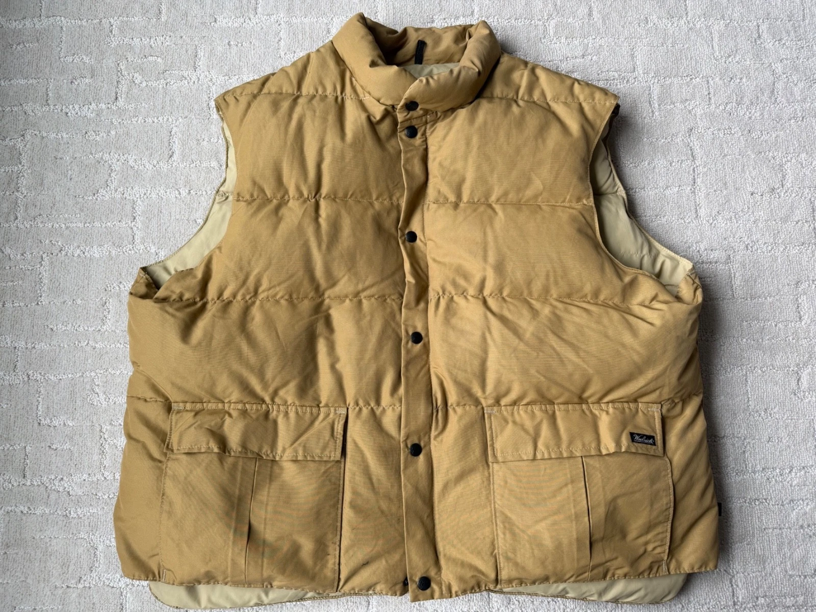 VTG 90s Woolrich Tan Goose Down Lodge Camp Zip Snap Puffer Vest USA Mens 2XL