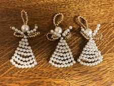 Set/3 Pearl Angel Ornaments with Gold Beaded Wings Christmas Holiday