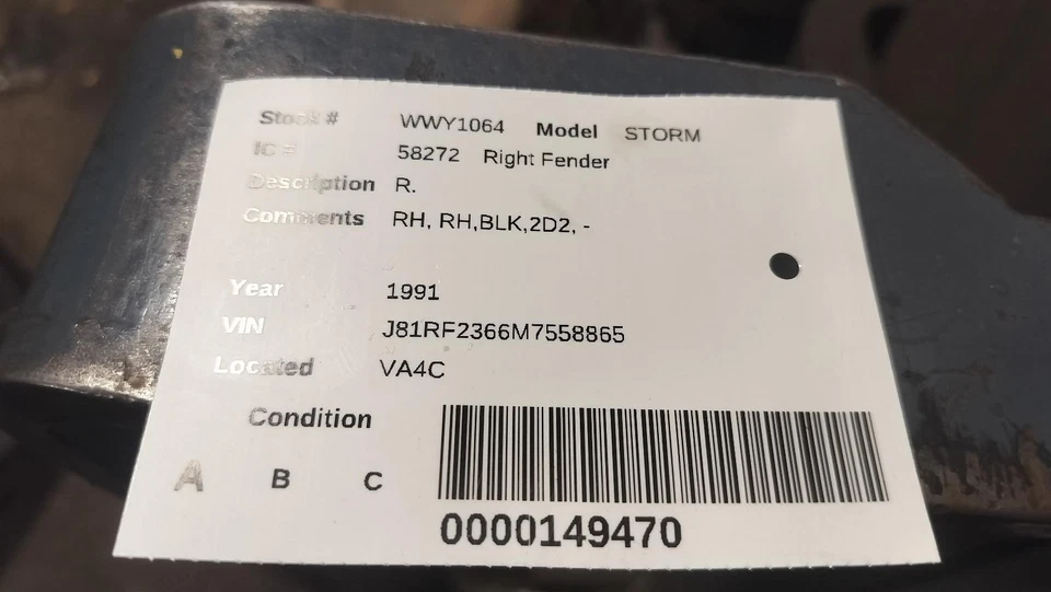 Used Front Right Fender fits: 1991 Geo Storm Front Right Grade A - Image 2 of 3
