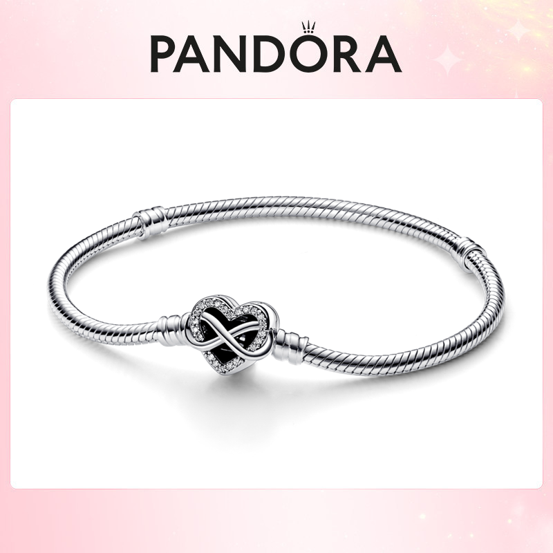 PANDORA Sparkling Infinity Heart Clasp Snake Chain Bracelet Authentic Moments