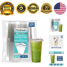 24 oz Clear Disposable Plastic Cups with Strawless Sip Lids 100 Pack Tumblers
