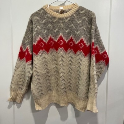 Vintage Ice Knit Iceland Wool Nordic Fair Isle Sweater Grey Red Cream Medium