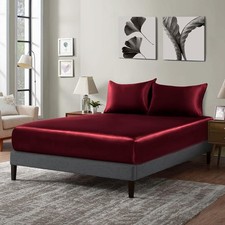 Satin Fitted Sheet Queen Burgundy Single Mattress Cover Only