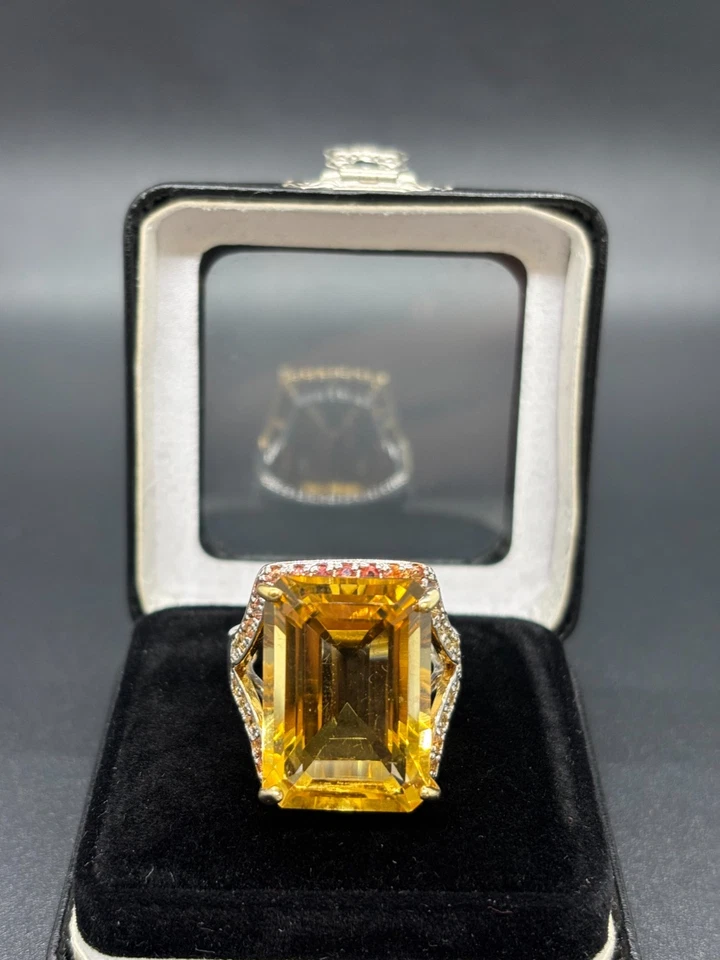 Anillo masivo de 27,49 quilates citrino y zafiro naranja plata 925 24K GP - Certificado Foto 3 de 4