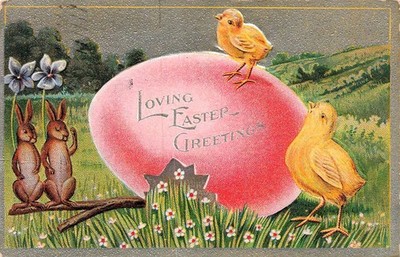 Easter Bunny Rabbit Large Pink Egg Hunt Floral Spring Chicks Vtg Postcard I62