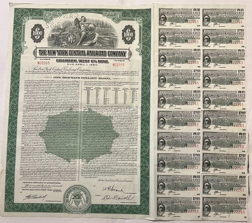 Vintage 1955 New York Central Railroad $1,000 Bond 💚 with Coupon Sheet