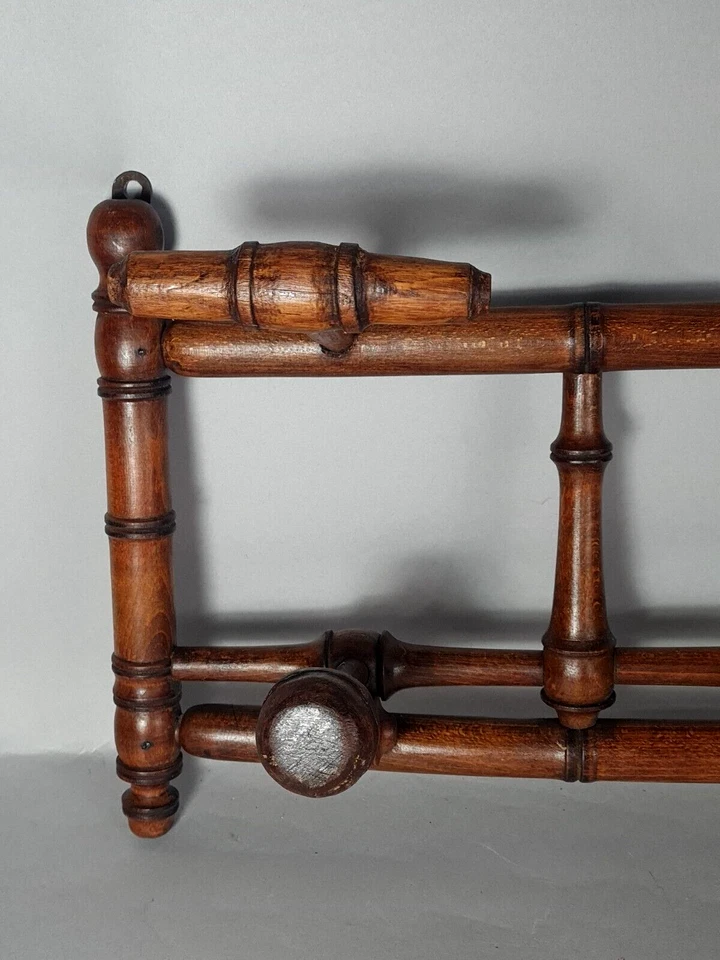 Ancien porte manteau mural bois tourné façon bambou Bon état SB907 - Photo 3/4