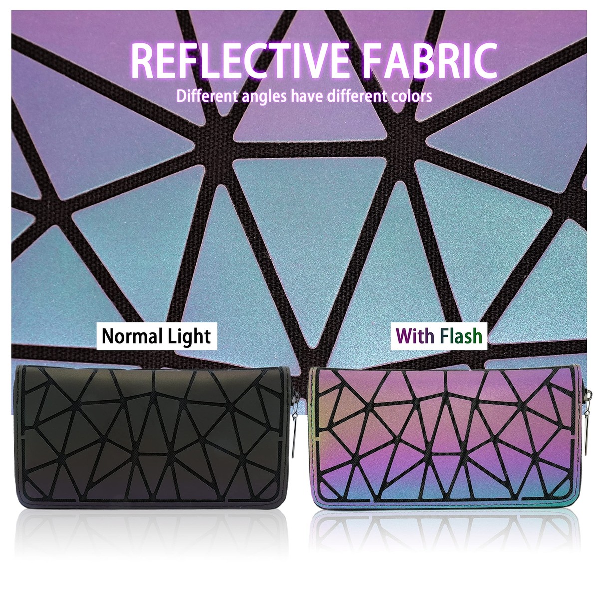 Gupiar Women's Geometric Lattice Luminous Long Wallet - Holographic Reflective Clutch With Zipper