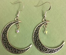 CRESCENT MOON with CRYSTAL DANGLE EARRINGS - Pewter w/Sterling Silver Ear Wires