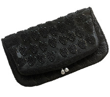 Vintage Evening Bag Black Beaded Clutch Purse Satin Foldover 1950s Hong Kong