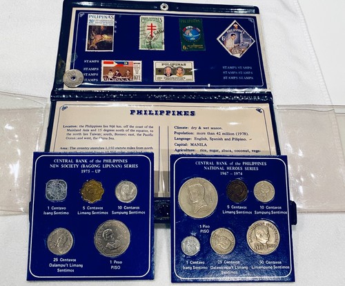 VINTAGE 1970'S PHILLIPINES PEARL OF THE ORIENT SEAS COINS & STAMPS BLUE ALBUM