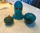 BLENKO Set of 3 Blue /orange Glass Figurines: Ghost, Pumpkin & Apple