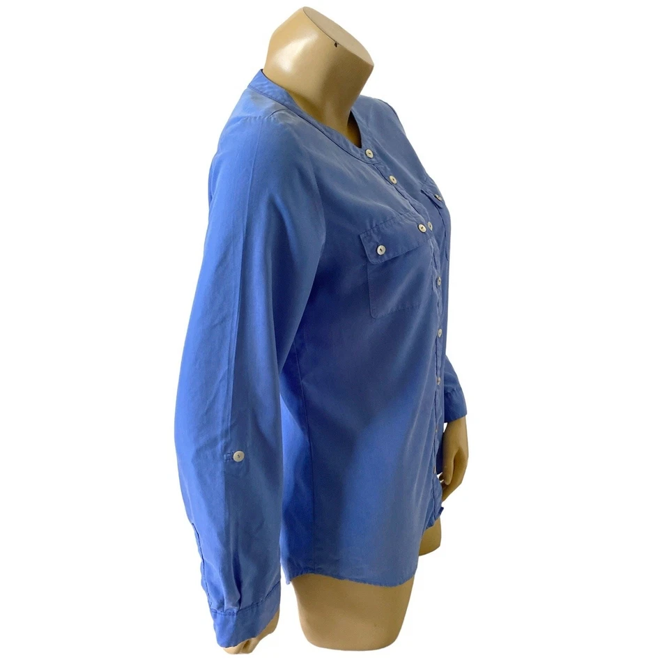 Camisa túnica CHICOS talla 0 pequeña con botones delanteros azul manga enrollable bolsillos en el pecho Foto 3 de 4