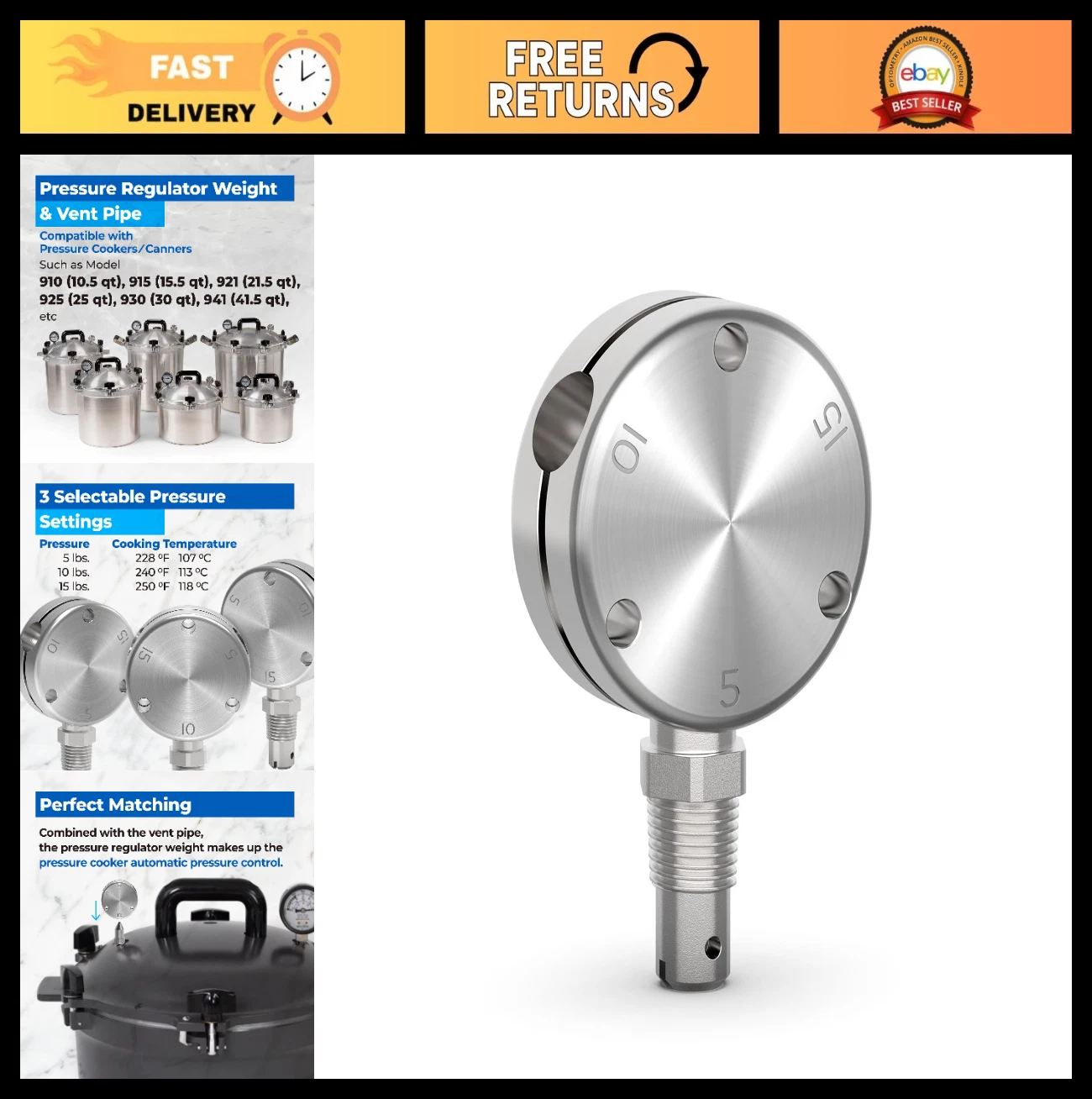 Pressure Regulator & Vent Pipe Replacement for 10.5QT-41.5QT Pressure Cookers/Ca