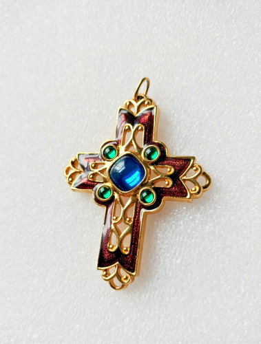 Avon Gold Tone Vintage Cross Pendant Gree, Blue Enamel Stones