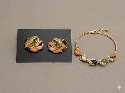 Multi-Gemstone Gold Tone Earring and Bracelet Set