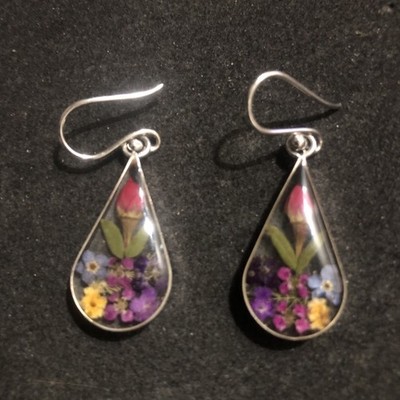 ATI 925 Sterling Silber Trockenblume in Harz Lucite Haken Ohrhänger Floral