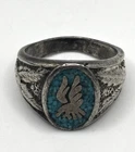 Vintage Native American Turquoise Inlay Eagle Ring Sterling Silver Feathers 10.5