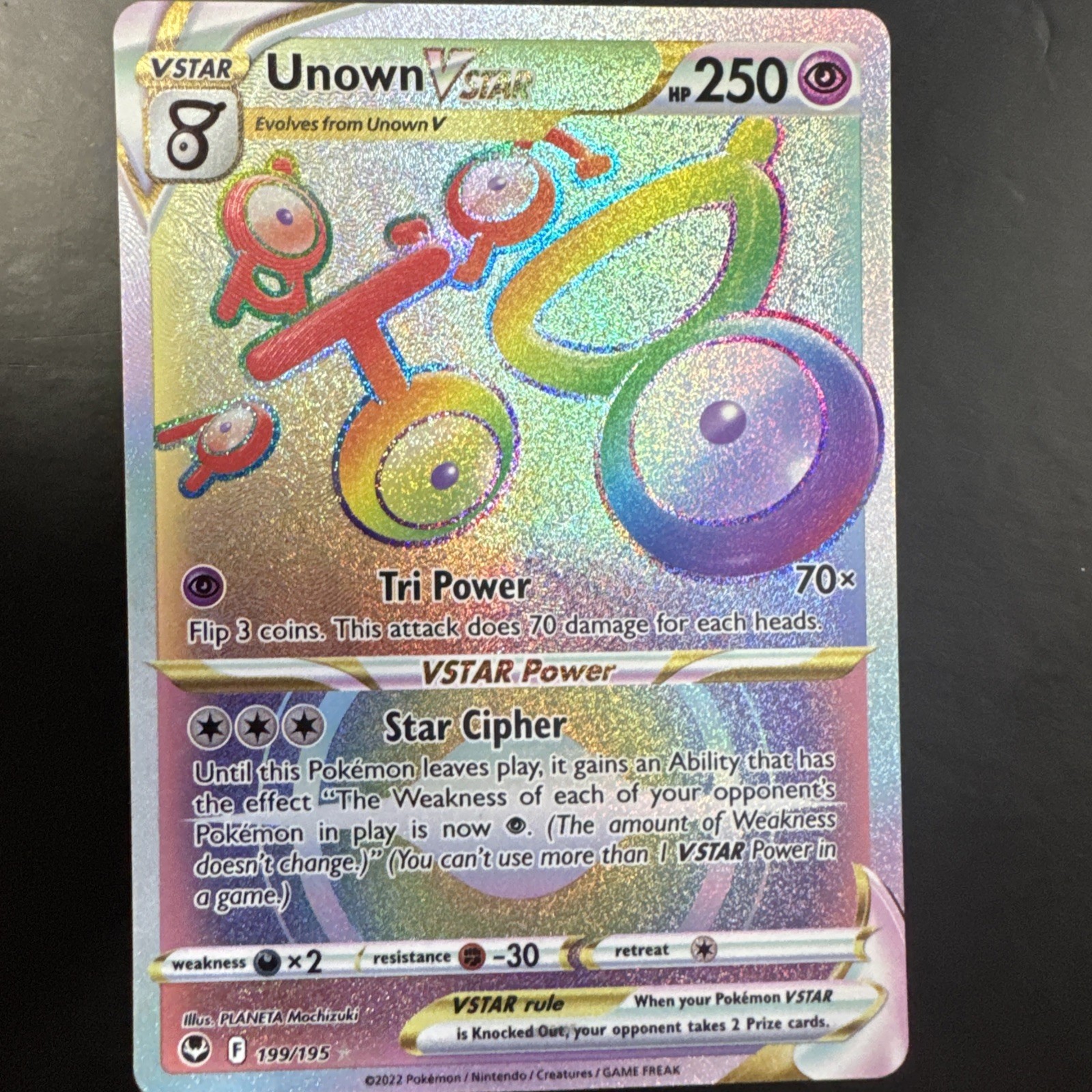 Pokémon Unown VSTAR 199/195 Silver Tempest Rainbow Secret Rare NM