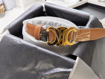 Celine Paris Triomphe Gold Buckle Tan Brown Leather Belt Size 80 New