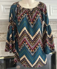 Win Win Bell Sleeve Tunic Blouse S-M Blue Gold Red