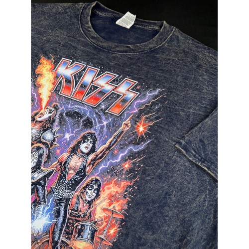 KISS Band Graphic T-Shirt Mens Large Blue Acid Wash Fruit of the Loom HD Cotton