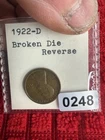 1922-D Lincoln Wheat Penny Broken Die Reverse Error Ungraded ref#248