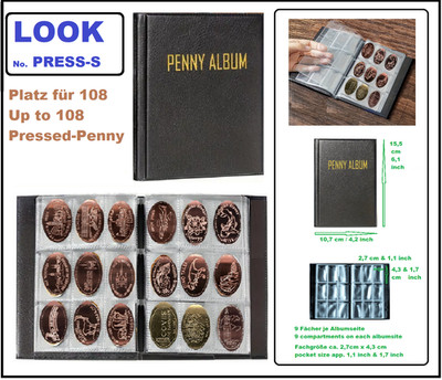 Pressed Pennies Coin Album Black 12 Coin Sheets 108 Pockets Look P S