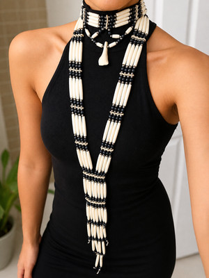 Handmade Tribal Bone Bead Necklace & Bracelet Set   Boho Statement Jewelry